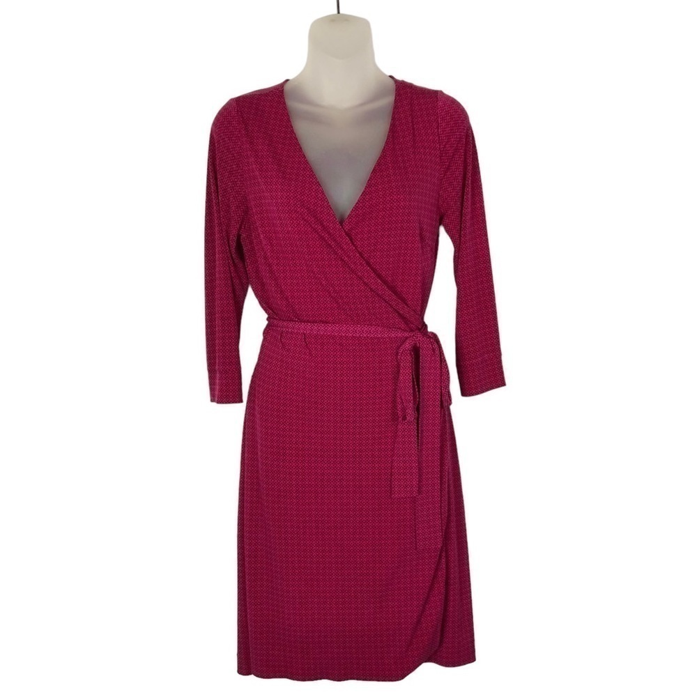 Forever 21 Hot Pink Notch Printed Long Sleeve Wrap Dress S